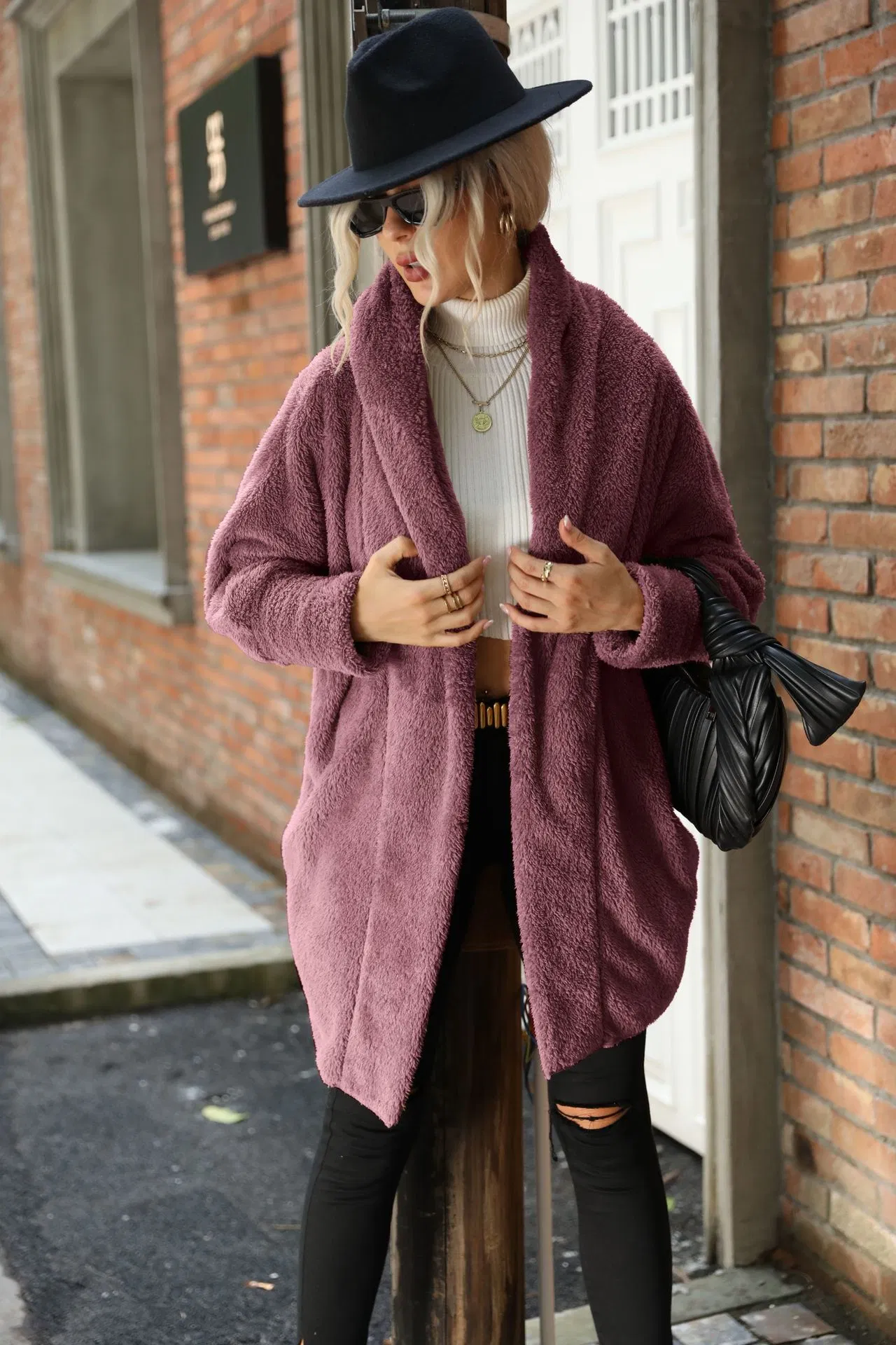 New Ladies' Double-Sided Fleece Overcoat Unbuttoned Solid Color Loose Lapel Flannel Long Sweater