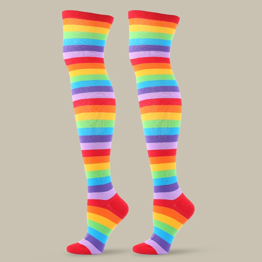 Colorful Stripes Rainbow Knee High Plus Size Compression Socks Custom Compression Athletic Sock Wholesale/Supplier Over Knee High School Girl Cycling Socks