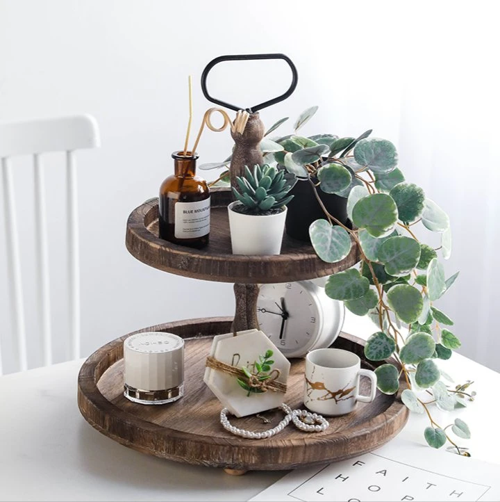 Rustic Vintage Distressed 2 Tier Wooden Serving Storage Tray with Metal Handle