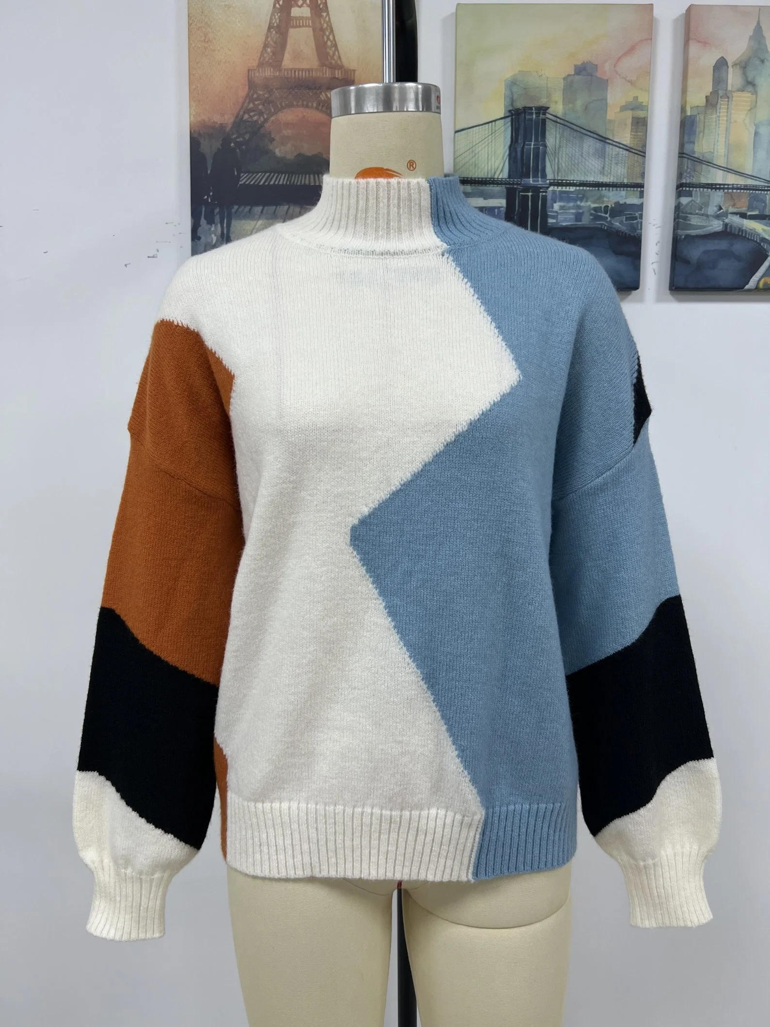 Fabricant de vêtements en gros de Guangzhou Femme Vêtements Pull Femme Col Rond à Blocs de Couleurs Lâche