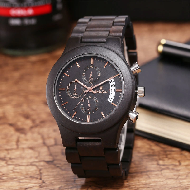 Wood Watch Series Movimiento de Cuarzo de seis pines Ebony Shell Reloj para hombre (CFWT-024)