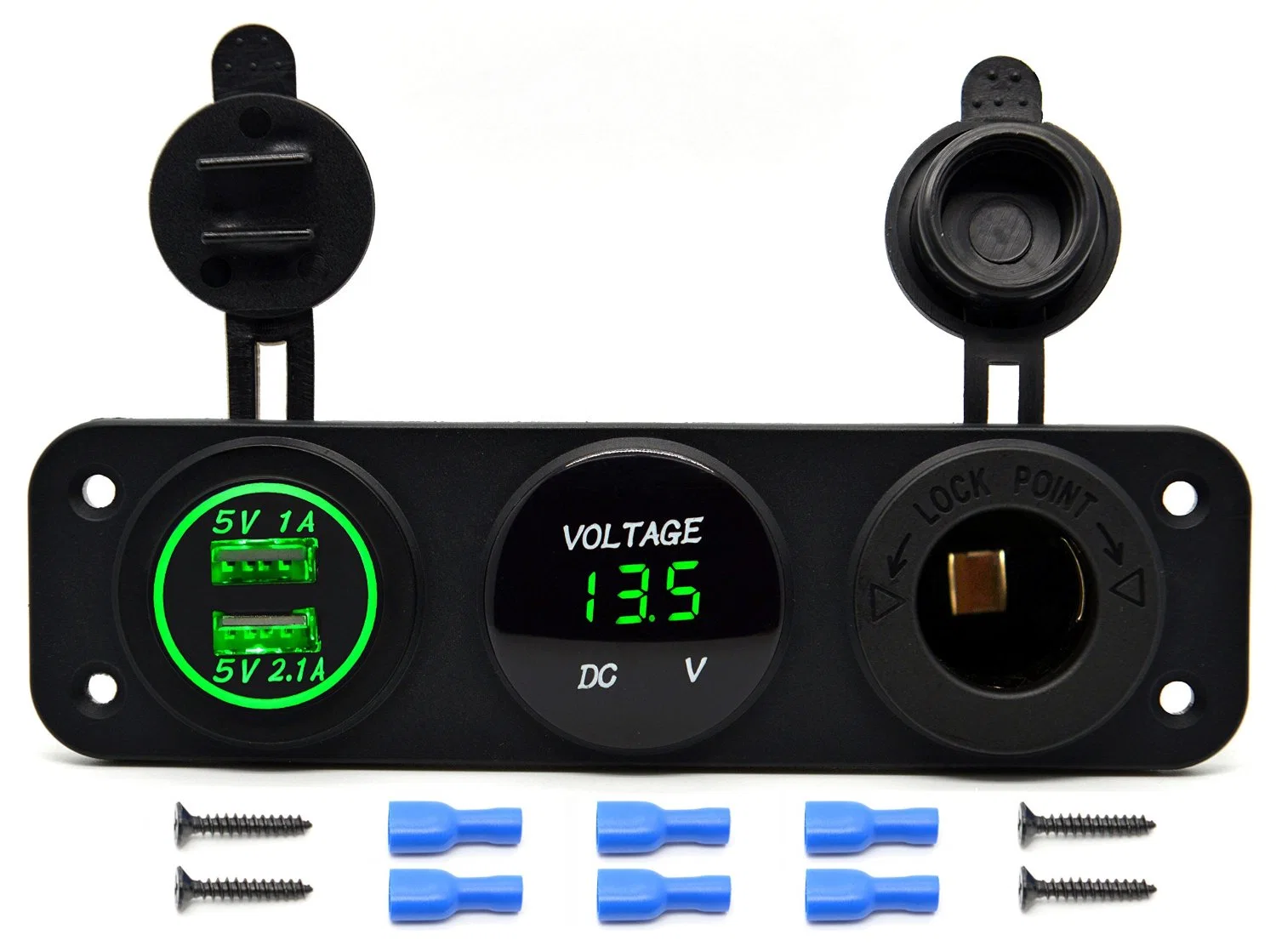 Car Dual USB Charger Socket + LED Digital Voltmeter + 12V Power Outlet Cigarette Lighter Socket Adapters Panel for Car Boat Marine RV Truck