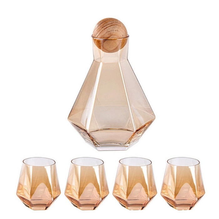 Wholesale/Supplier Nordic Style Home Kitchen 1800ml 60oz Large Capacity Hexagonal Diamond Borosilicate Amber Glass Tea Water Jug Set with 6 Cups