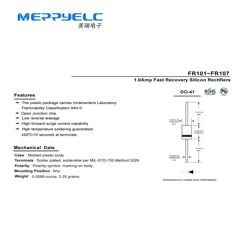 P.101~FR107 ¿-41 1.0Amp rápida recuperación de diodo rectificador de diodos semiconductores de silicio