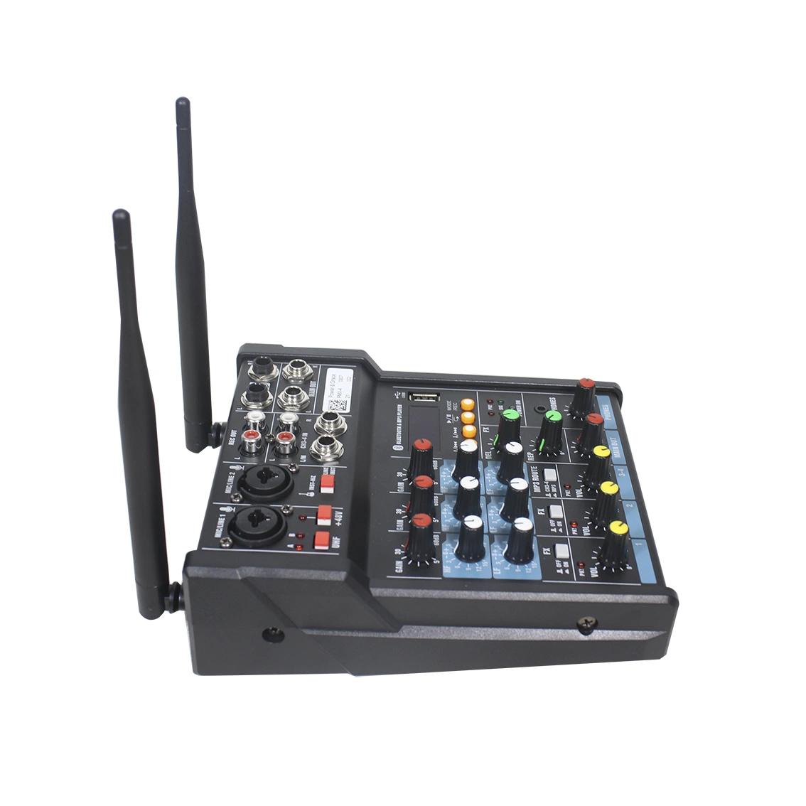 Professional Audio 4 Channels Blue-Tooth Built-in Amplifier Audio Mixer Audio with 2 PCS Wireless Handheld Microphones