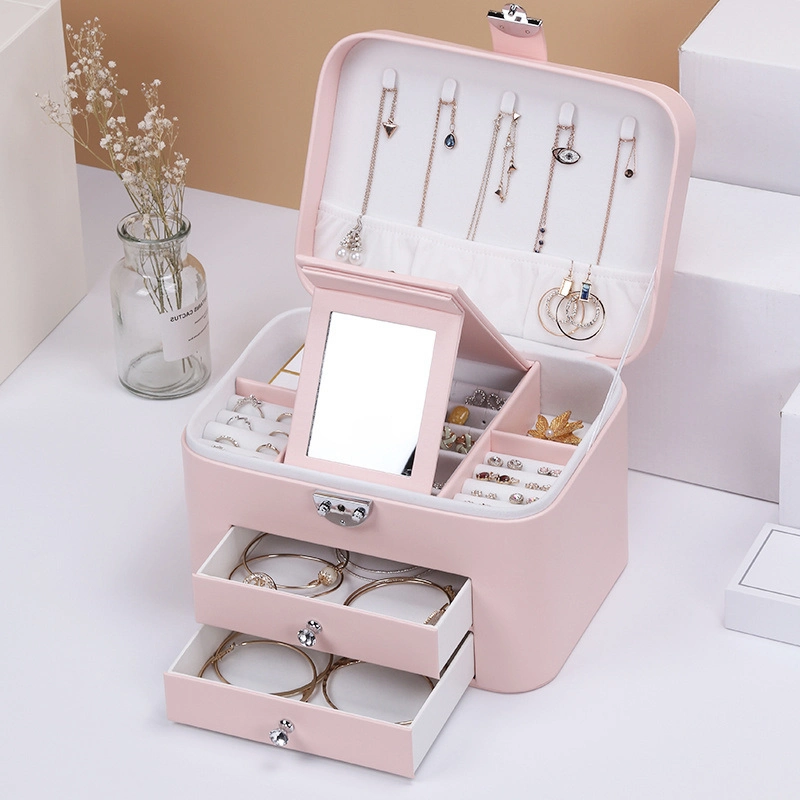 Drawer Type Big Space Multi-Layer Jewelry Boxes Storage Box with Clamshell Makeup Mirror