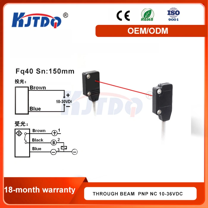 Kjt Fq40 IP67 Sn 150mm Through Beam Reflection Photoelectric Proximity Sensor