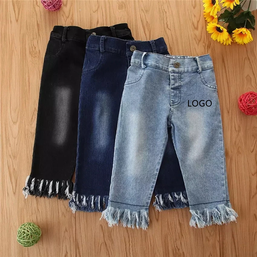 Kinderkleidung Knopf Schließen Fitting Bell Bottom Tassels Jeans Hose