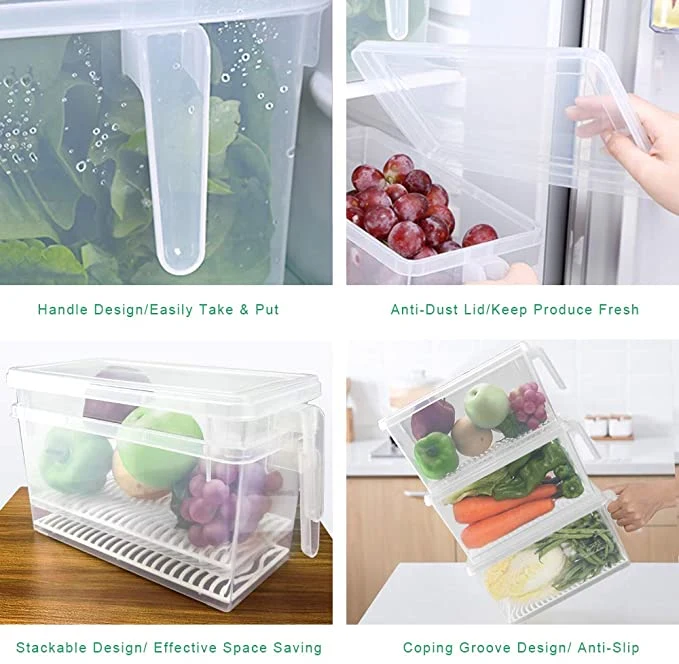 Food Storage Container, Fridge Organizer Case with Removable Drain Tray to Keep Fresh for Produce, Fruits, Vegetables, Meat and Fish
