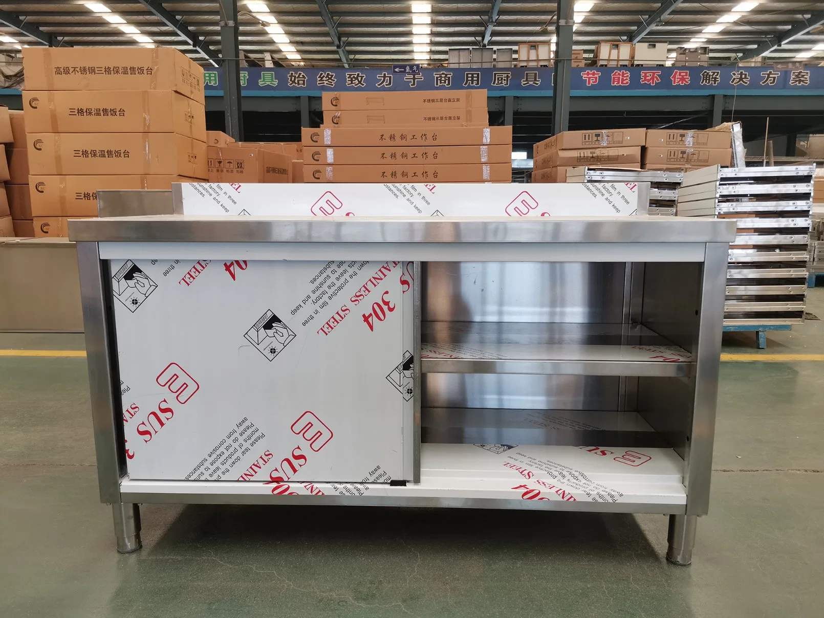 Hot Selling Heavy Duty Commercial Stainless Steel 304 201 430 Restaurant Kitchen Equipment 1.5m 1.8m 2m Large Workbench with Sliding Door Backspalsh Drawers