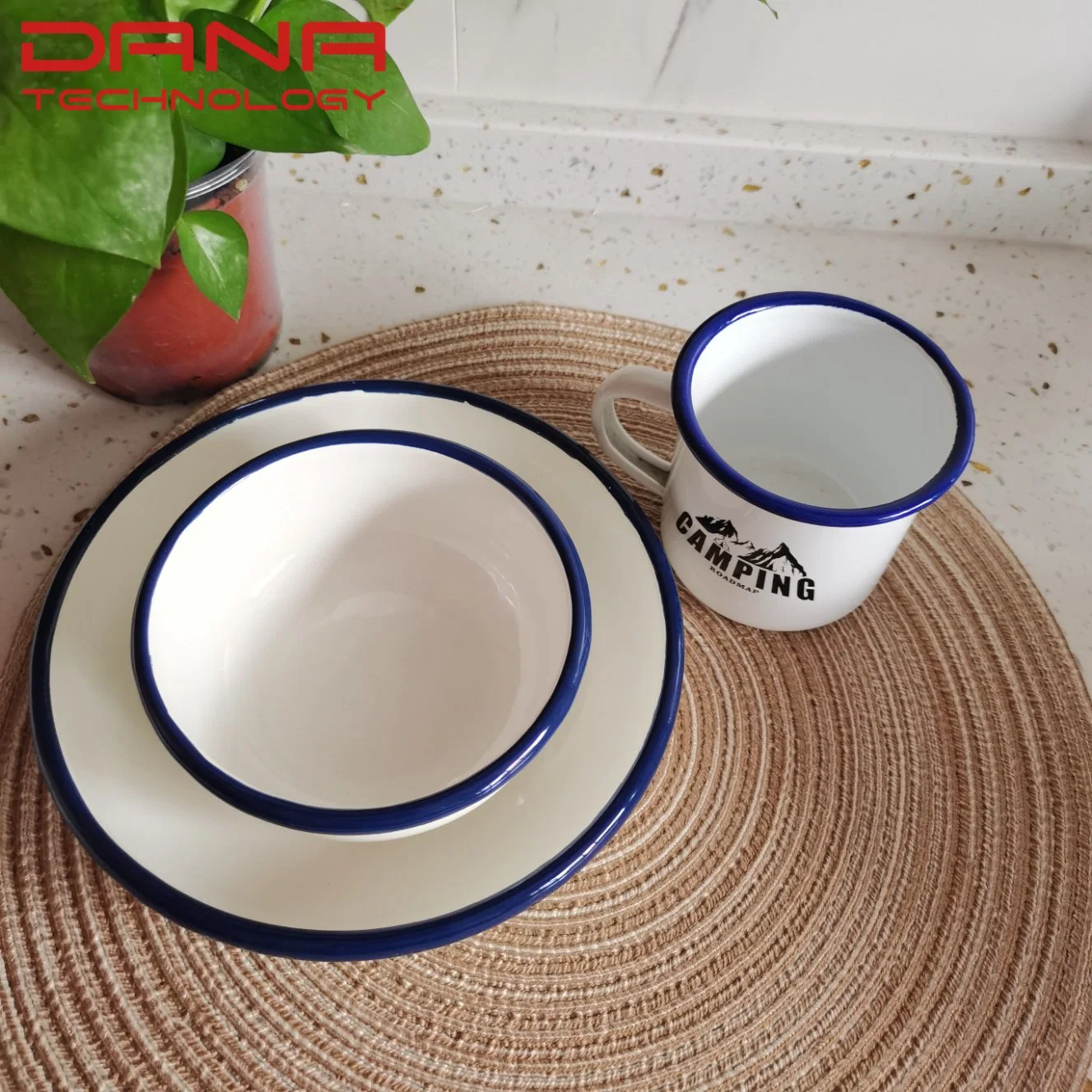 Customer Design 3PCS Decal Enamel Steel Dinnerware Flat Plate Tableware Dinner Lunch Plate Bowl Cup Mug Enamel Bowl Set Dinner Set