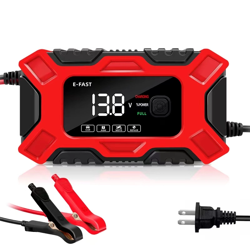 E-Fast visor LCD digital carregador de bateria de chumbo-ácido de 3 fases de 12 V. 6A carregador de bateria para automóvel automático