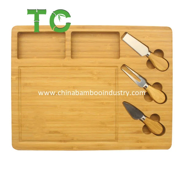 Wholesale/Supplier Large Organic Bamboo Cutting Board with 2 Built-in Compartments and 3 Stainless Steel Tools