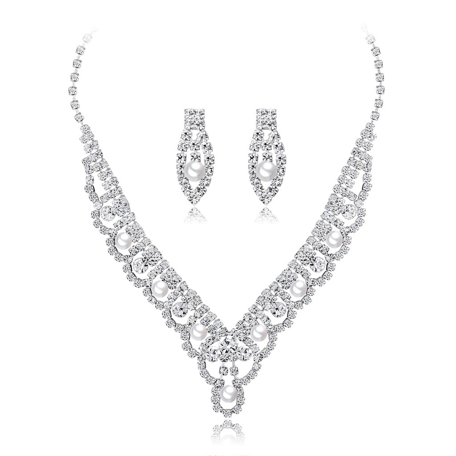 Rhinestone Crystal Bridal Floral Wave Teardrop Necklace Earrings Set