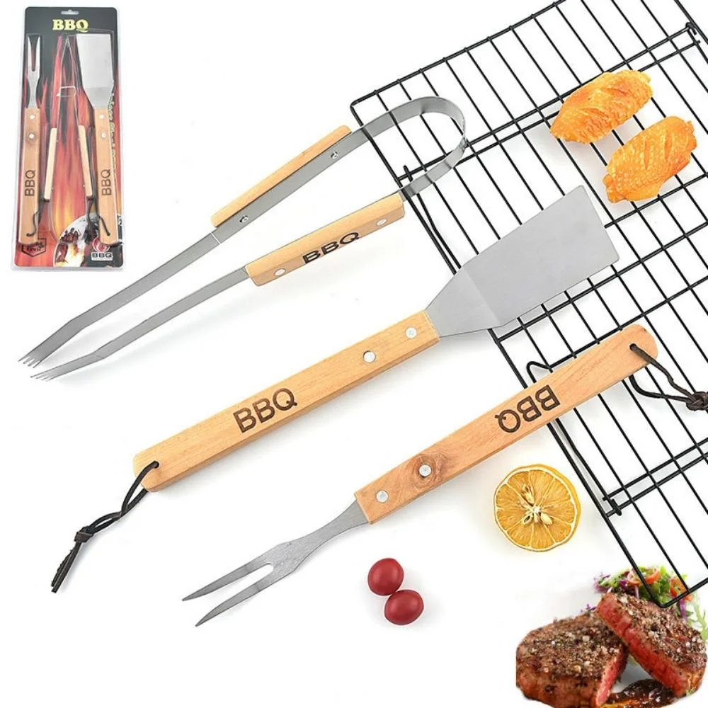 3-Piece Stainless Steel BBQ Tool Set Wood Handle BBQ Set Grill Spatula Bake Tongs BBQ Grill Personalized Barbeque Tools Set Wbb21870