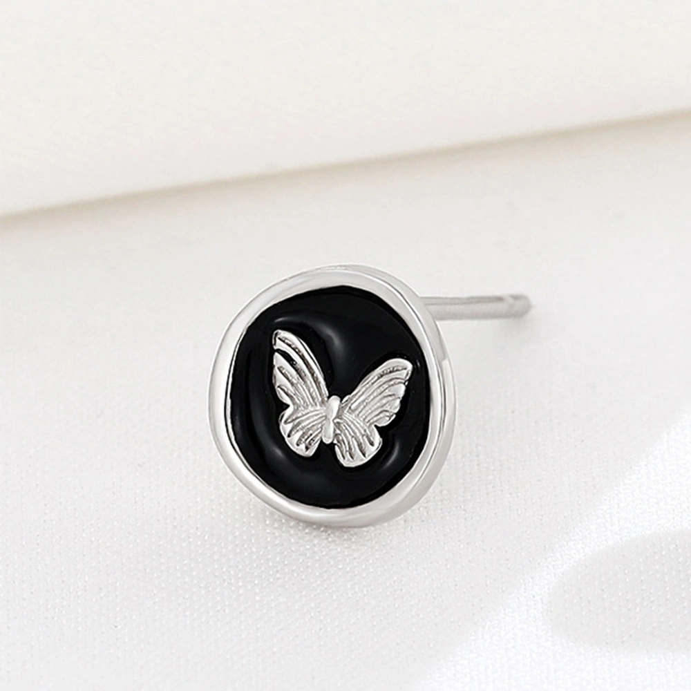 Vintage S925 Silver French Sweet Enamel Black Lacquer Butterfly Earrings