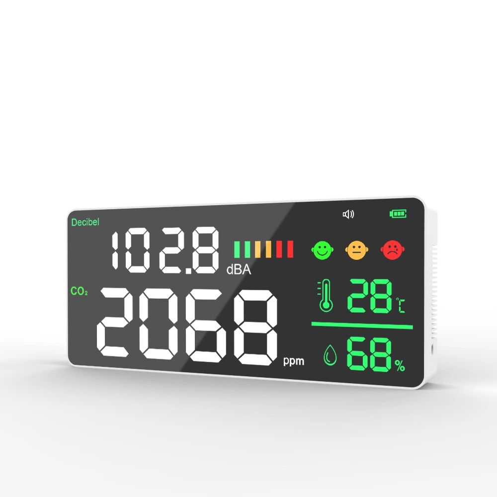 CO2 y decibel de pared Medidor Detector de dióxido de carbono sonido Medidor de nivel con humedad de temperatura