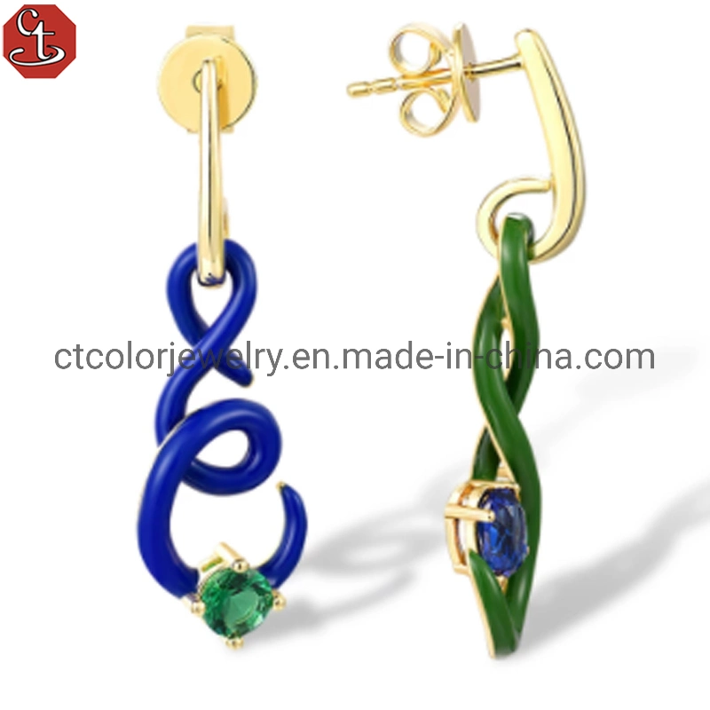 Jewelry accessories asymmetrical blue-green enamel earrings for decoration