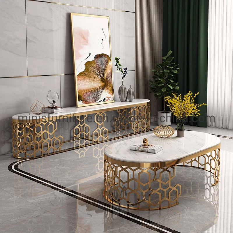 (MN-CT11) Beautiful Home Furniture Gold Stainless Steel Marble TV Stand and Coffee Table