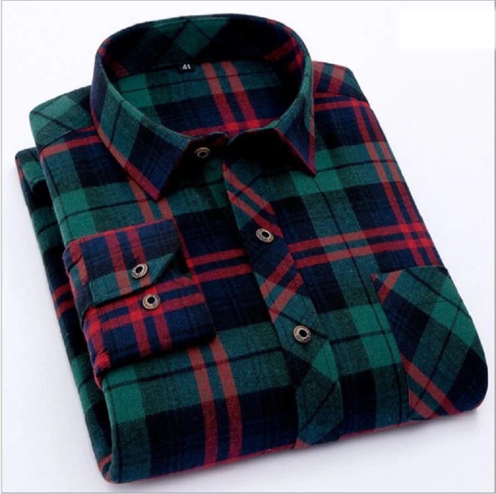 Al por mayor Stretch Logo impresión Plaid Flannel Fashion cepillo de algodón para hombre Camisa personalizada de manga larga