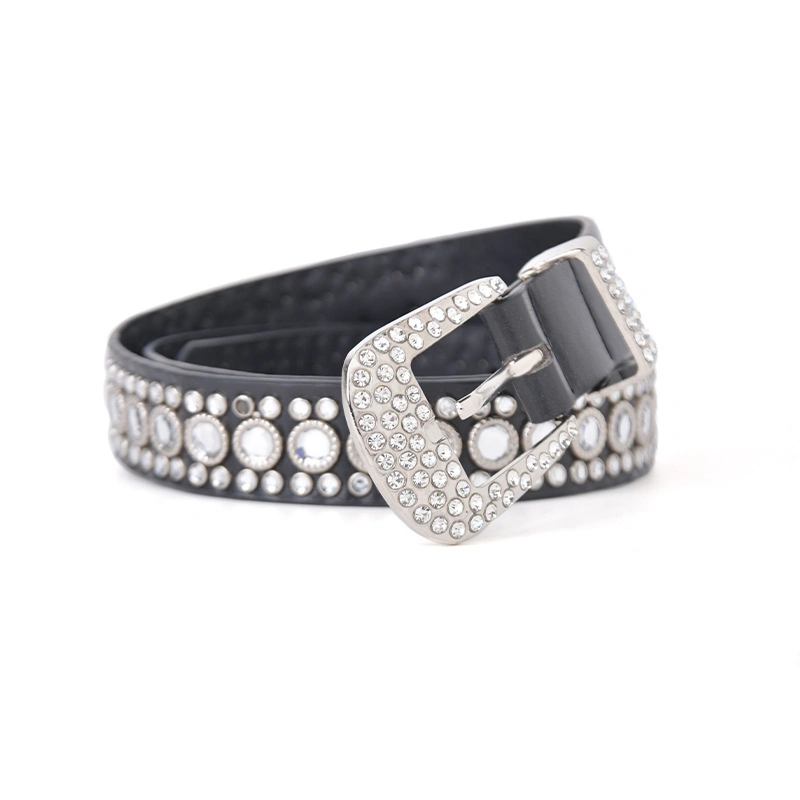 Western Studded Big Buckle Cowboy PU Leather Rhinestone Belts Designer Inspired White Diamond Ladies Fancy Belt