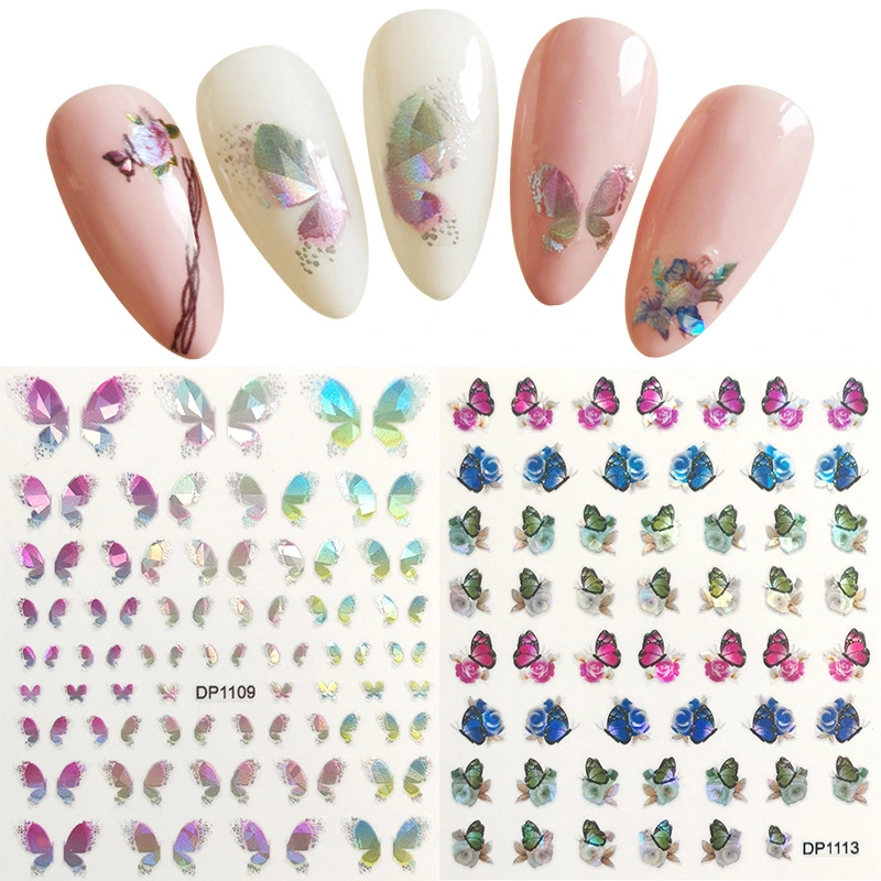 Manicura Nail Art Mayoreo Colorful Laser Butterfly and Flower Nail Pegatinas