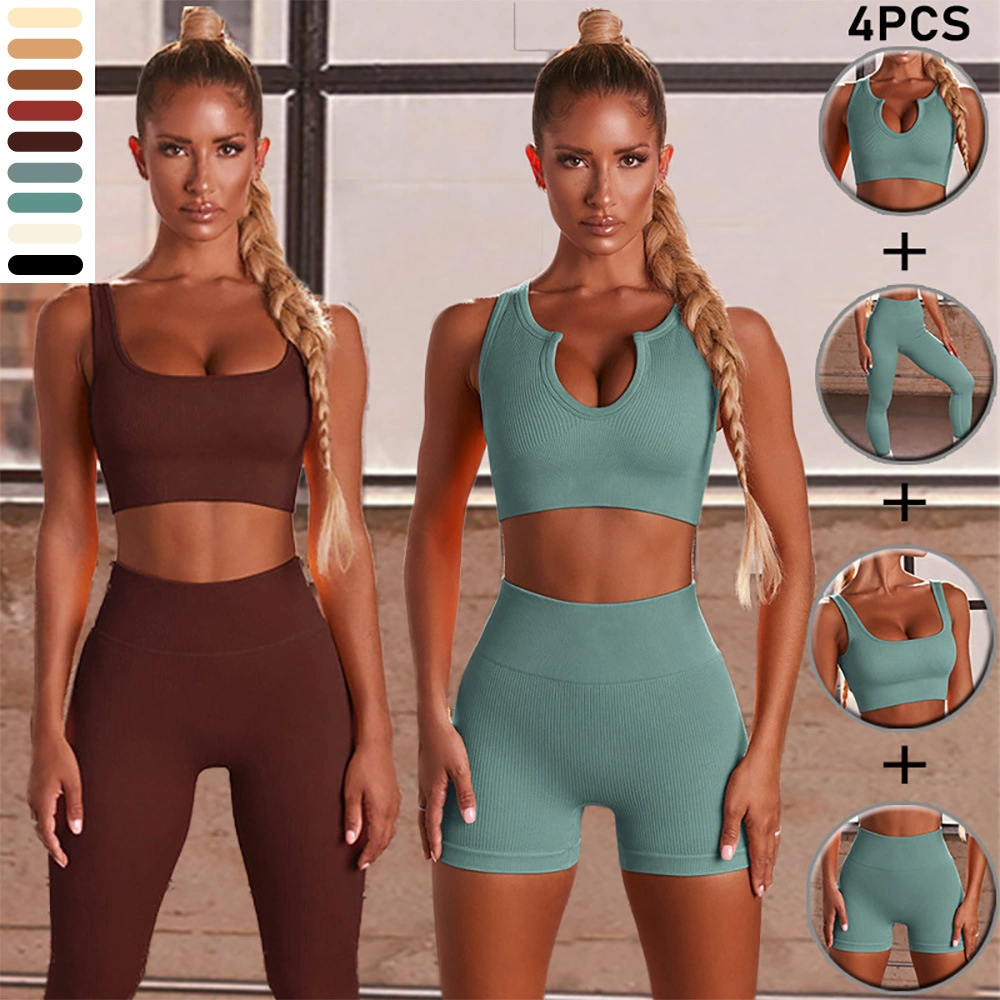 2023 novos fatos de treino sem costuras canelados de 4 PCS China vestuário de ginásio Sutiã de corte de cima leggings de cintura subida Yoga para mulher