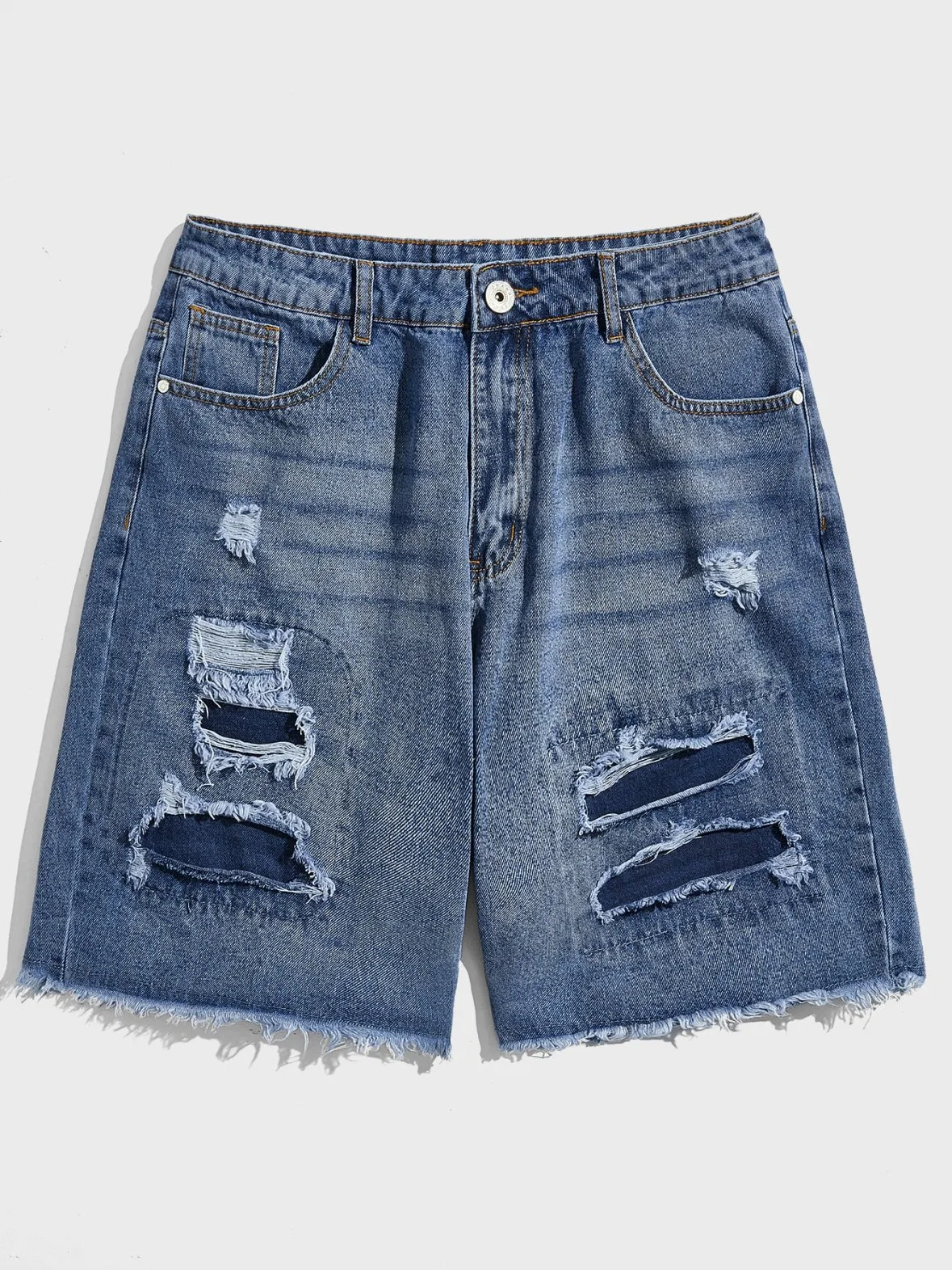 Classic Non Stretch Ripped Jeans Men Blue Wash Denim Shorts Jeans