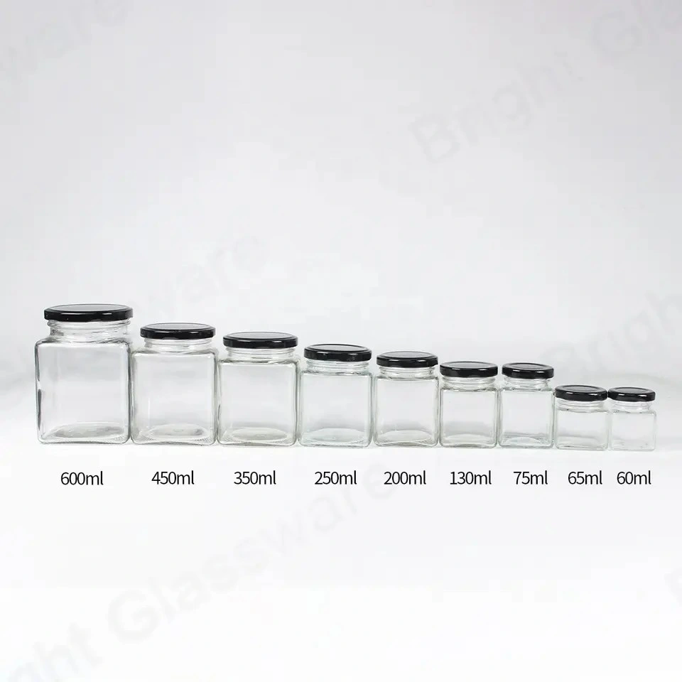 Wholesale/Supplier Empty Square Clear Food Storage Container Honey Glass Jar with Metal Lid