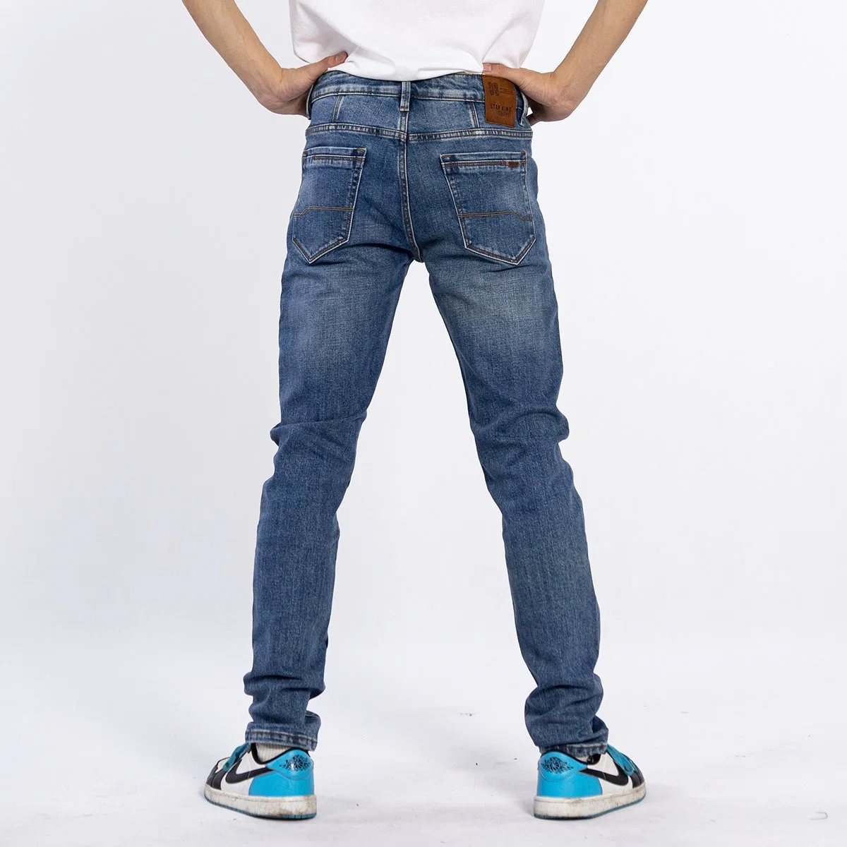 Custom American Style Medium Blue Washed Denim Stretch Men Casual Jeans