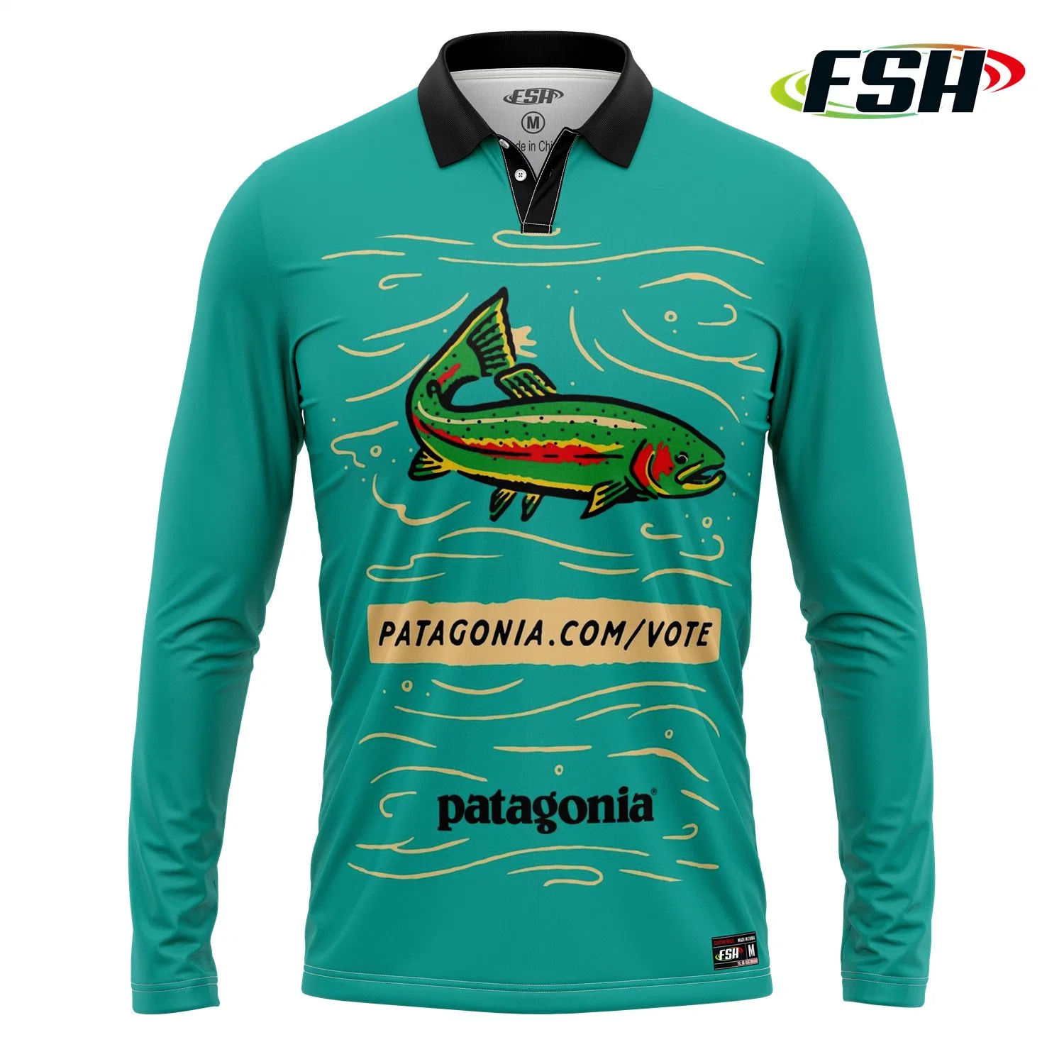 Black Polyester Polo Style Fashion Sublimation Print Fishing Shirt Men Outdoor Wear