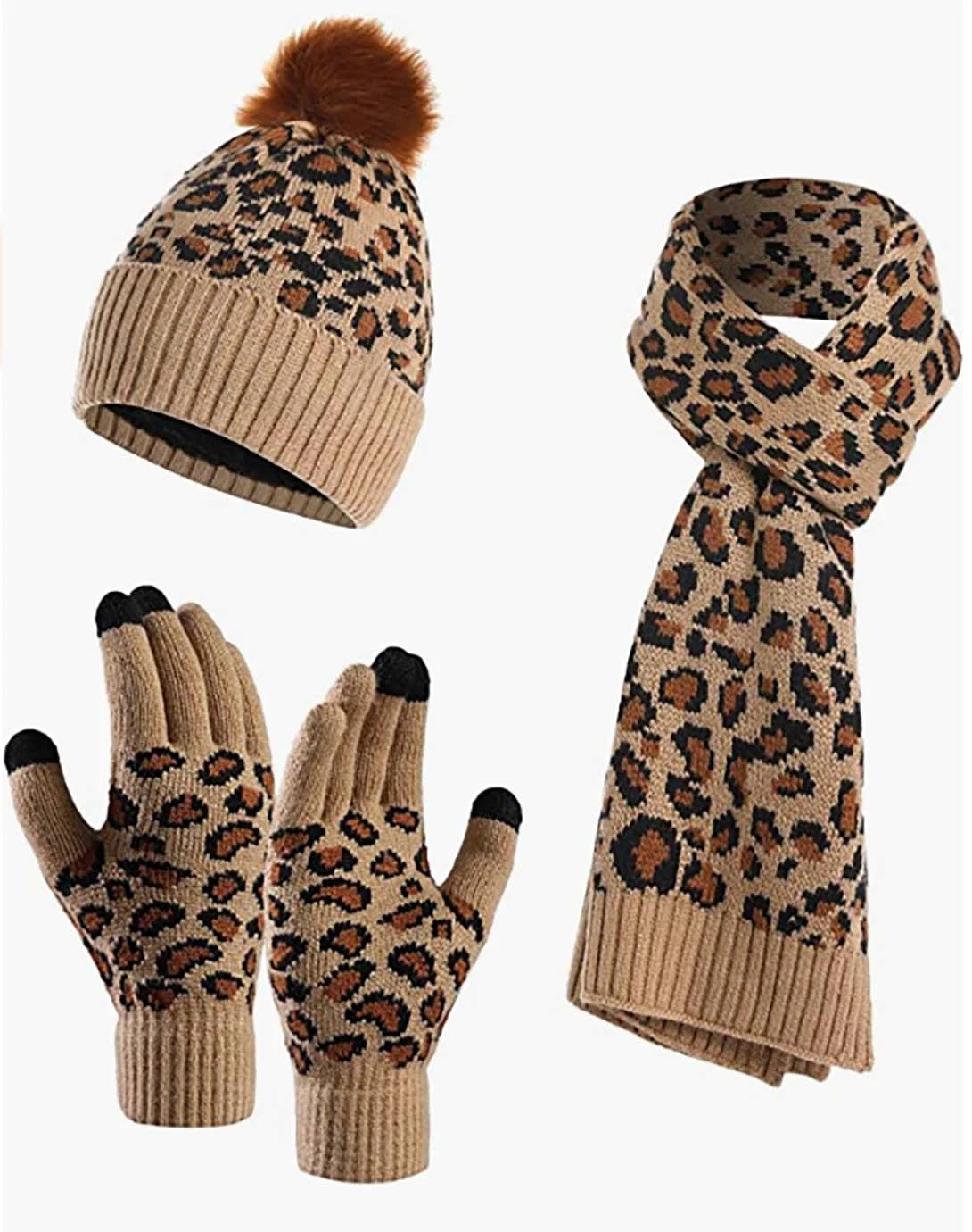 Mode Outdoor Leopard Pompom Hut Schal Handschuhe Warm Strick-Set