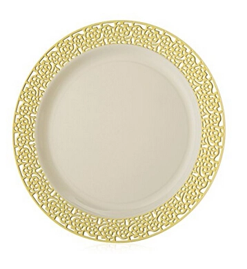 Le dîner les plaques en plastique jetables couleur ivoire avec l'or de la Dentelle Rim