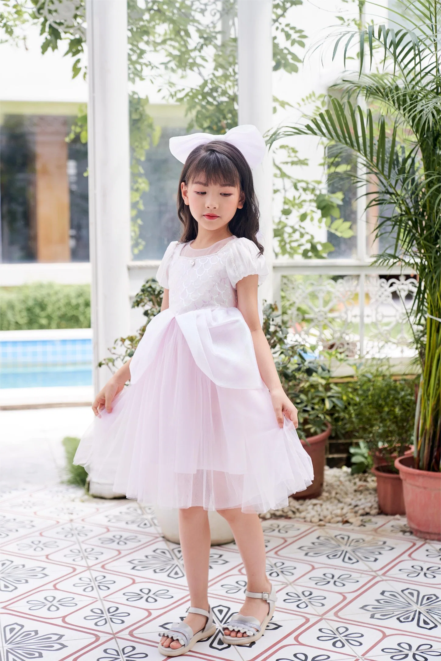 Collection estivale populaire pour filles manches bouffantes noeud Tulle Party Robe princesse