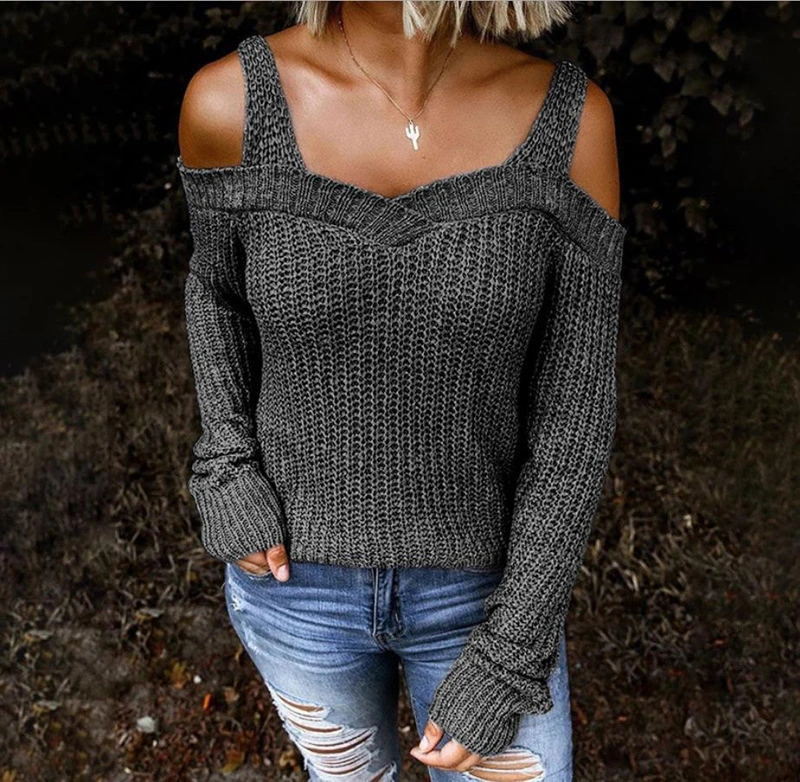 Spring Women Sling Long Sleeve Casual Knit Pullover Sweater