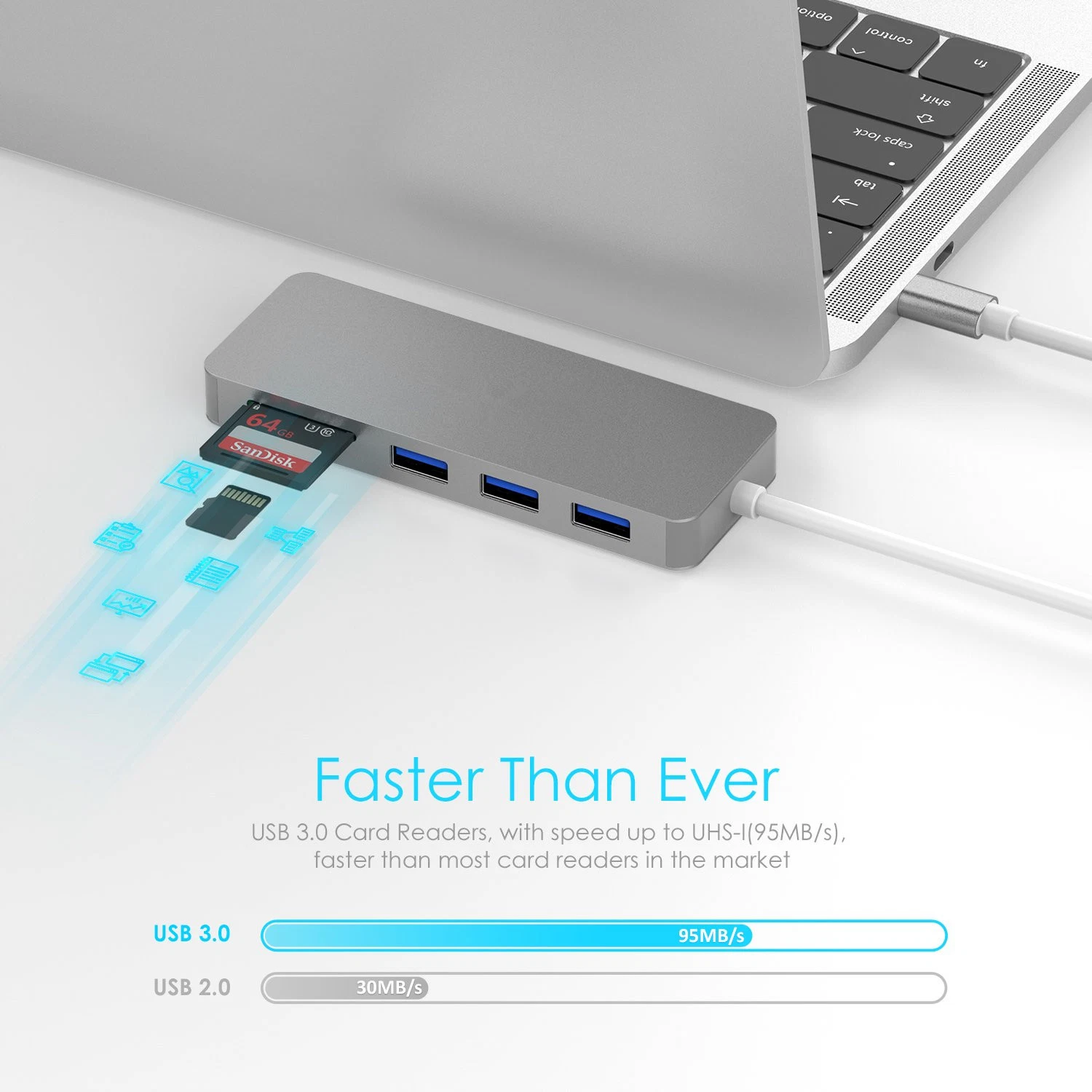 USB Hub 3 Port USB 3.0 Support SD/TF Card Type C Cable for Computer