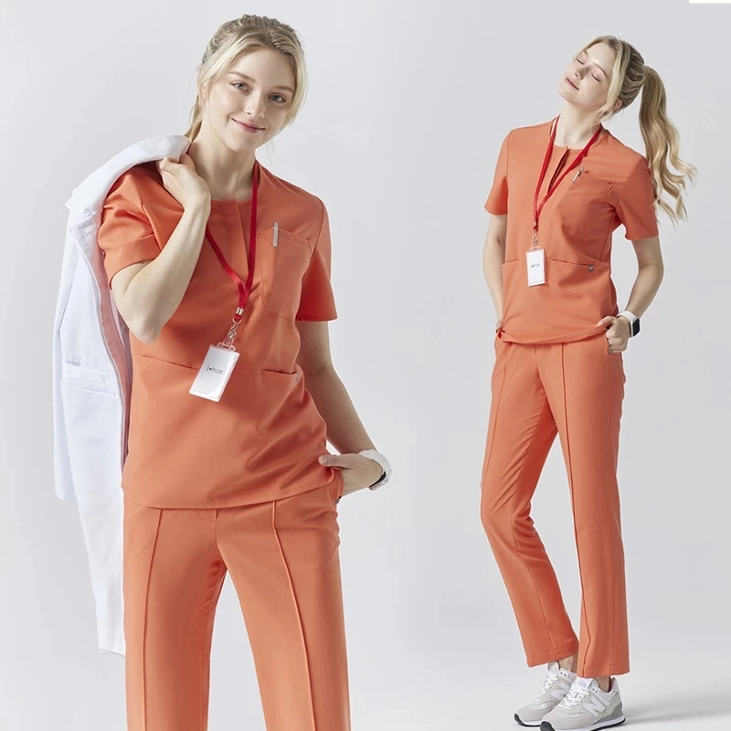 Nurse Scrubs Uniform Suits Health Worker Summer Short Sleeve Working Scrub Tops and Pants Set Women Solid Color Nursing Workwear