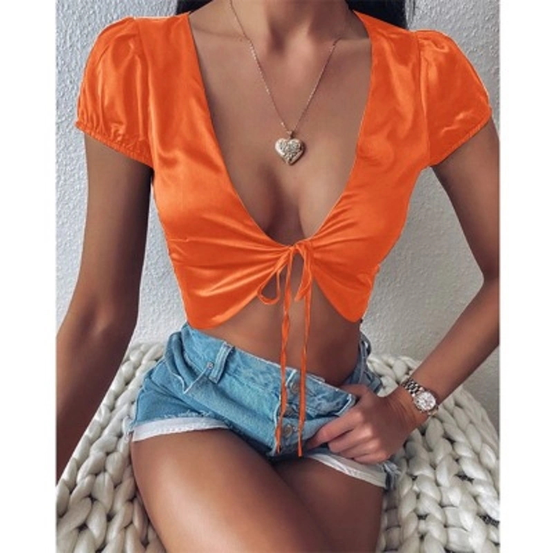 Women Satin Short Sleeve Tops Crop Top Front Tie-up Bolero Cardigan Fashion Wear Esg16139