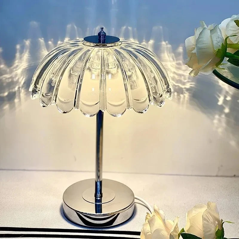 Modern Petal Shaped Crystal Metal Desk Light Bedroom Reading Tri-Color Light LED