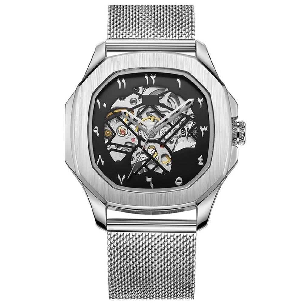 Reloj de pulsera automático de esqueleto de lujo para hombres de negocios con temporizador de marca de logotipo personalizado.