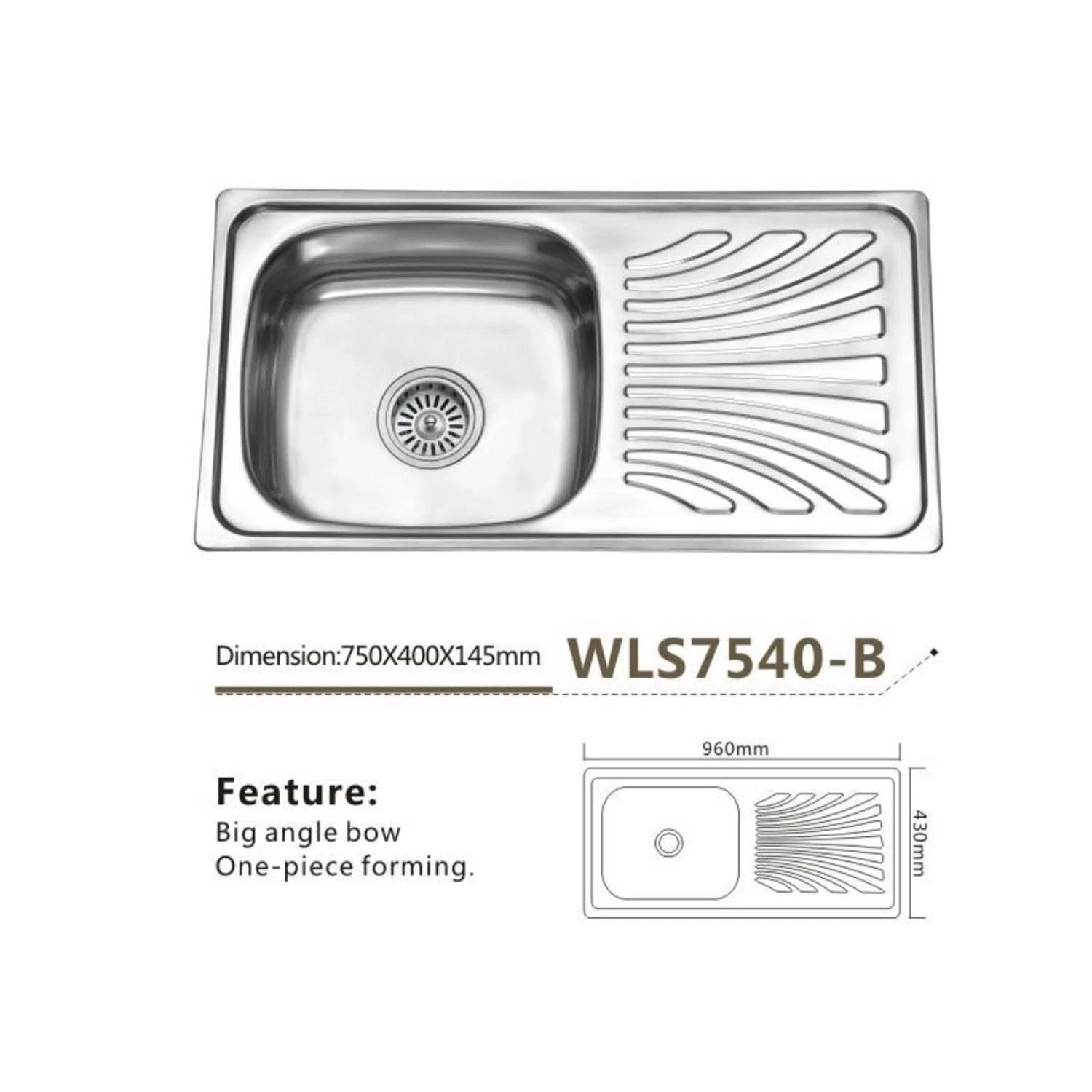 Stainless Steel Kitchen Sink Single Bowl with Drain Board Sink Wls8051