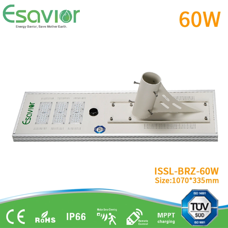 TUV ISO Ce RoHS IP66 Integrated 60W All in One Solar Road Lighting Solar LED Street Light with 12.8V 30ah LiFePO4 Battery