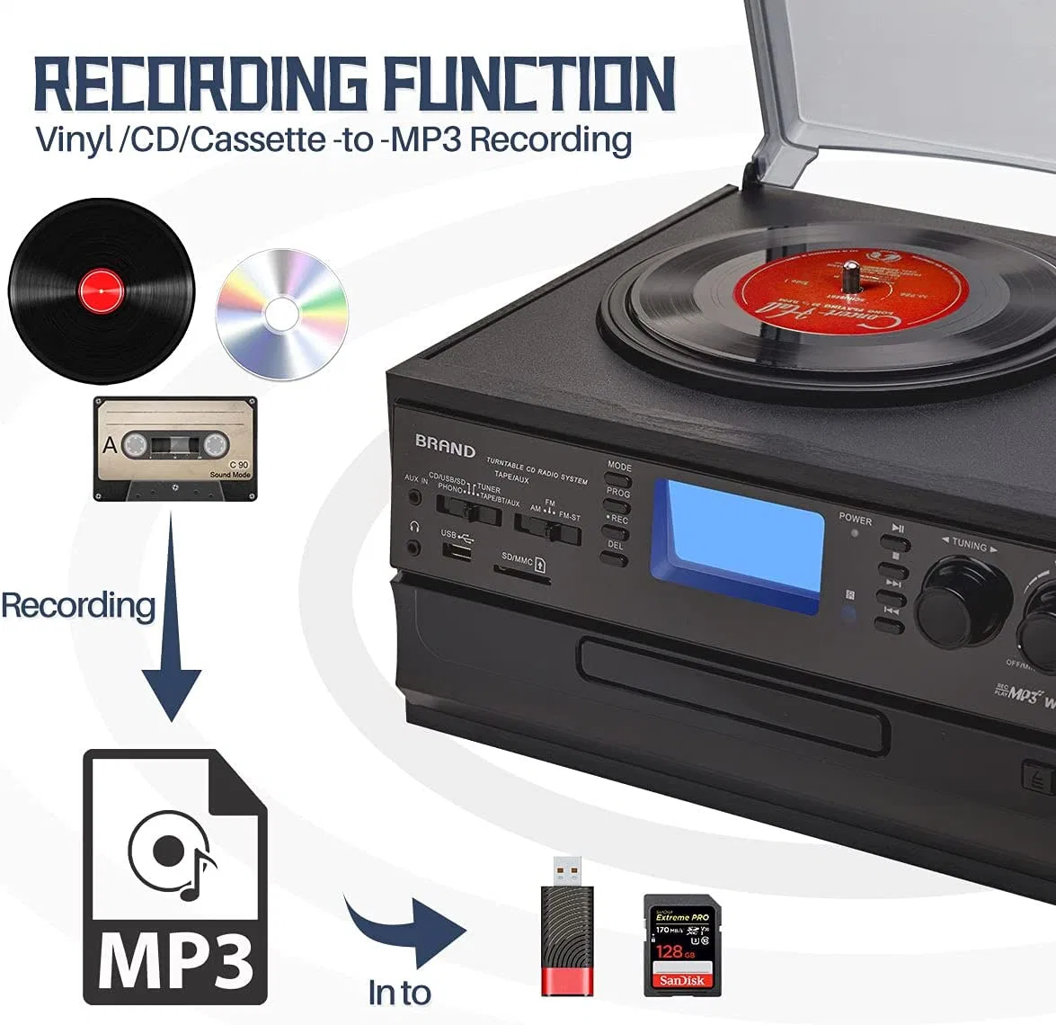 Hot Sale Stereo Vinyl Turntable Player with Cassette and CD Play