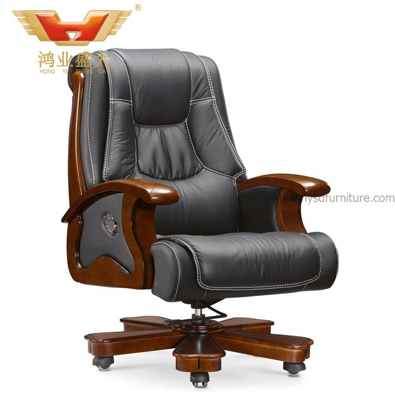 Comfortable Black Leather Wooden Armrest Executive Chair Office Furniture (B-054)