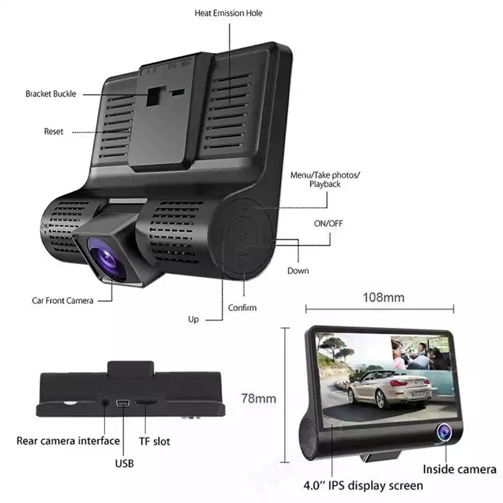 4 Inch IPS 3 Channels Dash Cam HD Night Vision 1080P Dashcam Front Rear and Inside 3 Cameras Car DVR 3 Lens Car Dash Camera