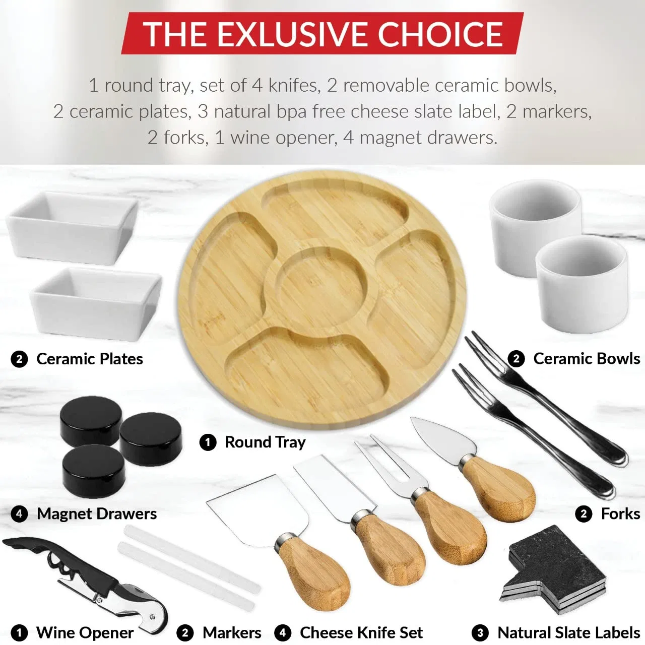 Cheese Board 2 Ceramic Bowls 2 Serving Plates. Magnetic 4 Drawers Bamboo Charcuterie Cutlery Knife Set, 2 Server Forks, Wine Opener, Labels, Markers, GIF