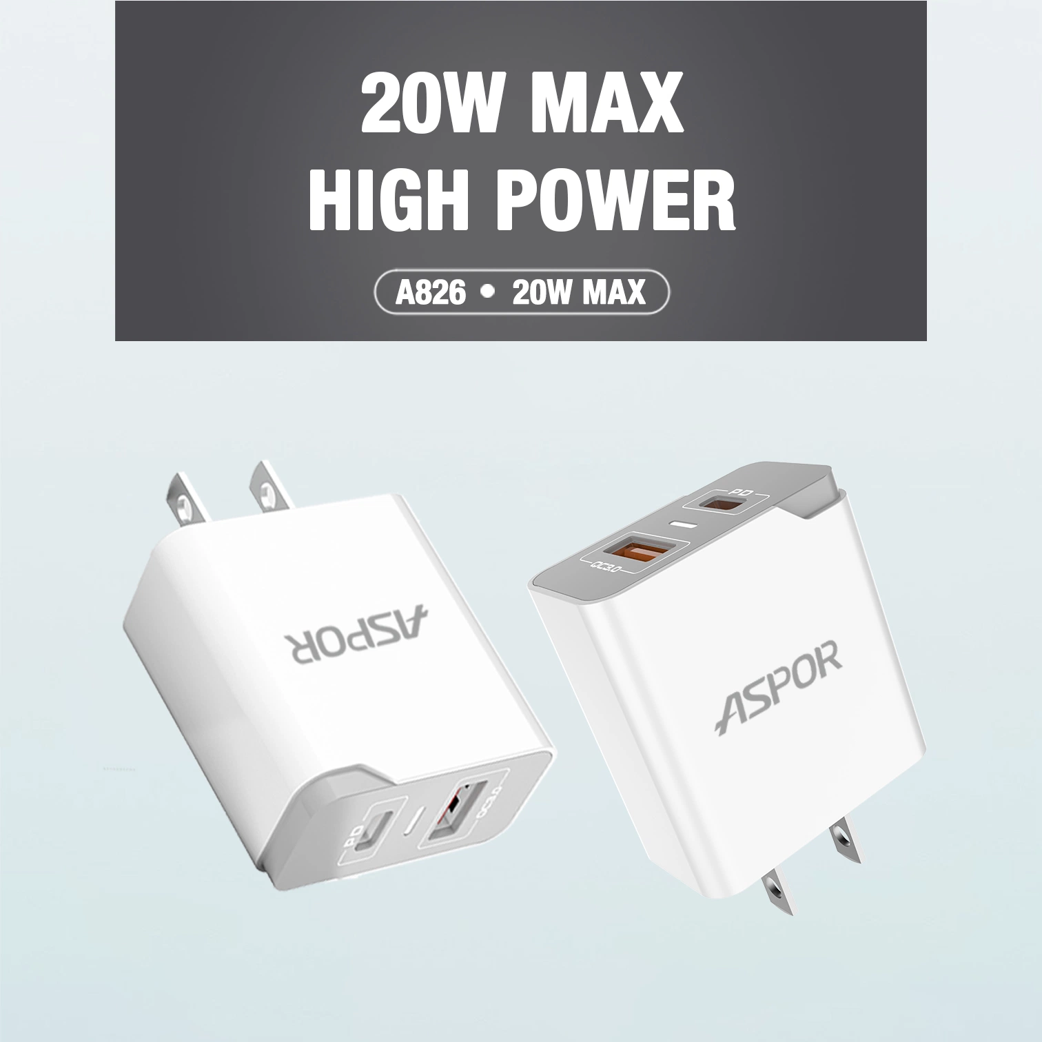 2022 Nuevo cargador de Aspor A826 20W PD+ QC Fast Speed Cargador de teléfono EU/US/UK PIN con tipo C- tipo C / Cable IPX / PD