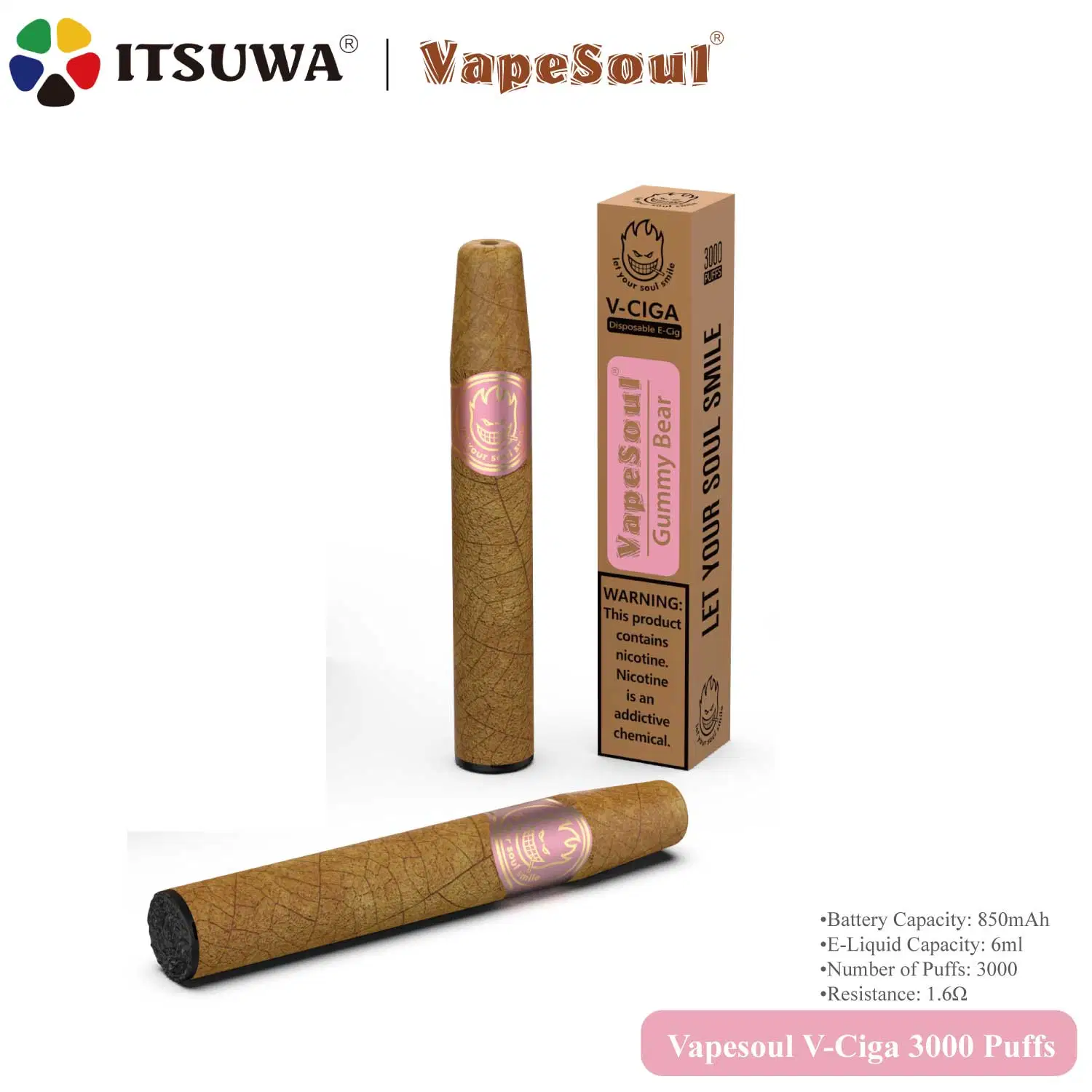 Itsuwa Vapesoul V-Ciga 2023 Hot-Selling Disposable/Chargeable Vape E-Ciga Tobacco Fruits Flavors Available 3000 Puffs Vape
