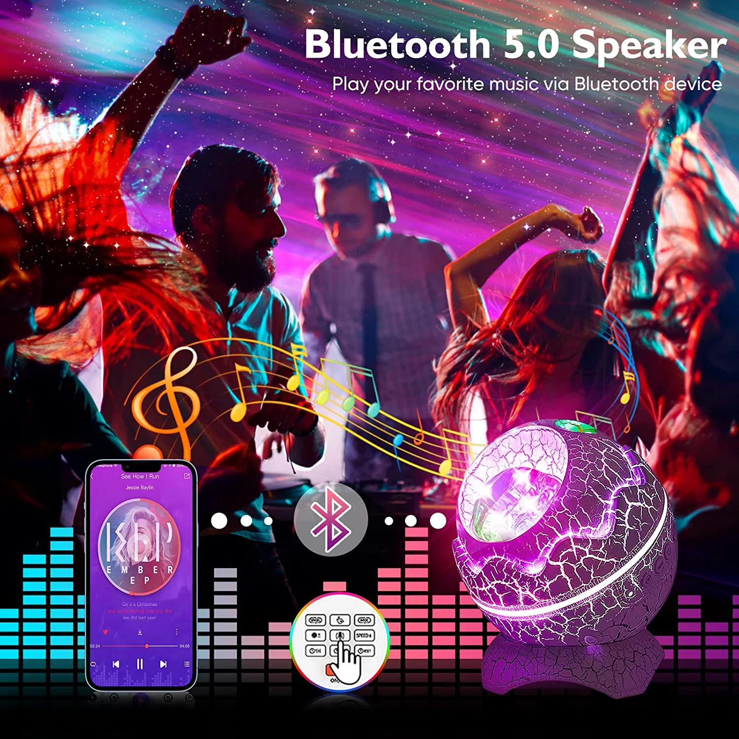 Govo de dinossauro com projetor Helius Galaxy e altifalante de música Bluetooth para Decoração LED Smart Lighting Star Night Light para adultos Tabela