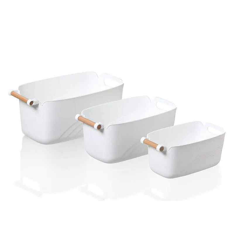 White Children Binaural Thickened Uncovered Wooden Handle Plastic Storage Basket